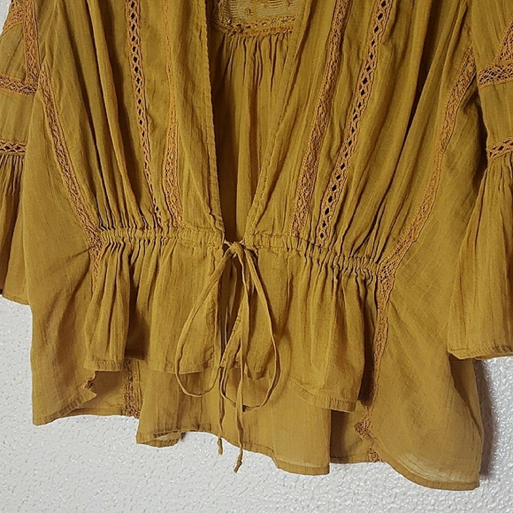 Free People Mustard Crop Top Tie Front 3/4 Bell Sleeves Lace Mesh Cotton Size S - Picture 7 of 16